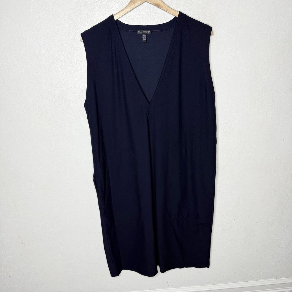 Eileen Fisher Blue Deep V-neck Washable Crepé Shift Dress Womens Medium
